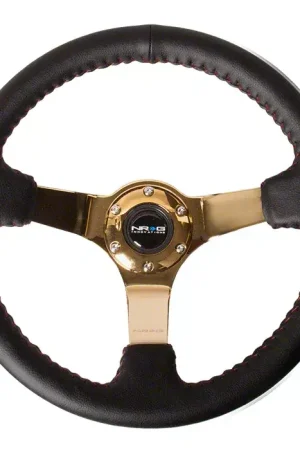 NRG Innovations 350mm 3-Inch Deep Dish Steering Wheel; Black Leather with Red Stitching and Chrome Gold Spokes Low Price