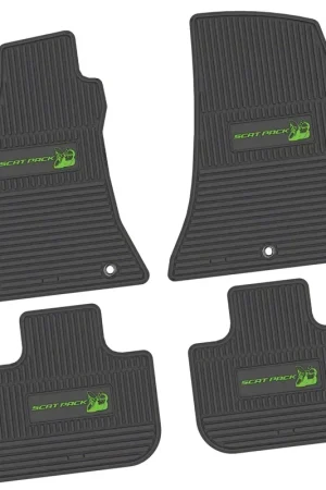 Factory Floorpan Fit Custom Vintage Scene Front and Rear Floor Mats with Lime Scat Pack Insert; Black Mega Sale
