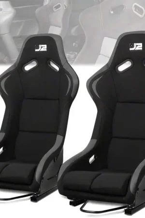 Fast Shipping Fabric Racing Bucket Seats with Seat Sliders; Black/Grey