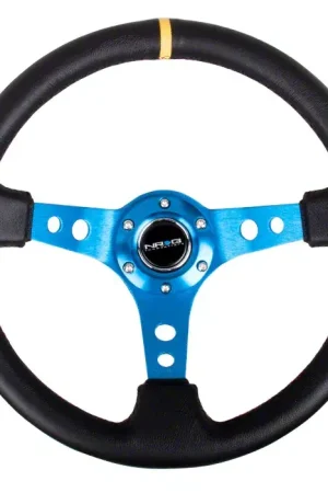 NRG Innovations 350mm 3-Inch Deep Dish Steering Wheel; Black Leather with Blue Spokes and Yellow Stitching Modern