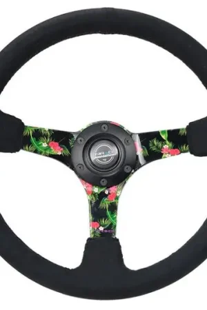 NRG Reinforced Steering Wheel (350mm / 3in. Deep) Black Suede w/ 5mm Floral 3-Spoke Center One Day Deal