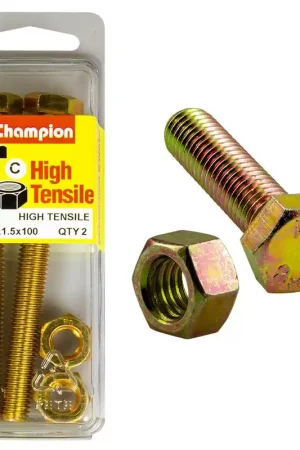 Hassle-Free Returns Champion Pack of 2 (2x Hex Set Screws, 2x Nuts) M10 x 100mm High Tensile Grade 8.8, Zinc Plated- BM99