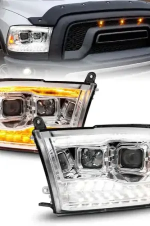 New Release ANZO 09-18 Dodge Ram 1500/2500/3500 Proj HL Headlights Switchback + Sequential - Chrome Amber