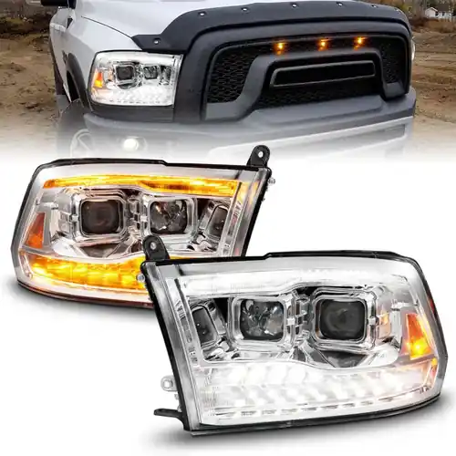 New Release ANZO 09-18 Dodge Ram 1500/2500/3500 Proj HL Headlights Switchback + Sequential - Chrome Amber