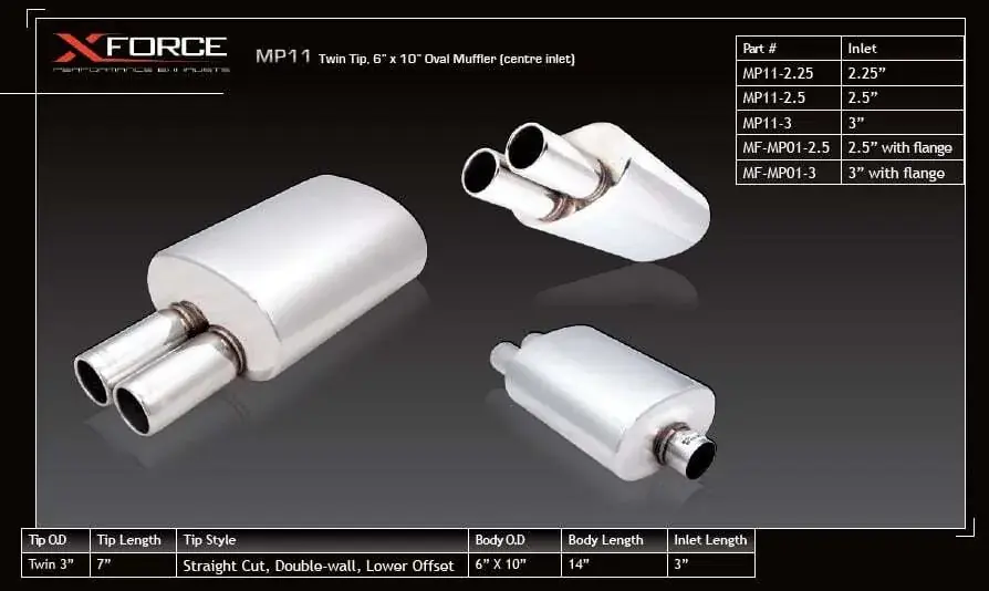 Limited Edition XForce 3in Inlet Straight-Cut Lower Offset Twin Tip 6in x 10in Oval Muffler Centre Inlet