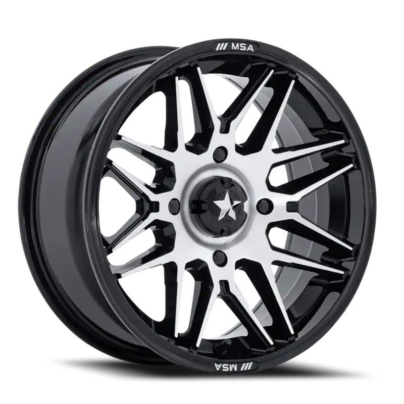 MSA Radar UTV M52 BD 15x7 +10 4x110mm 86mm Gloss Black Machined Face Worldwide Shipping