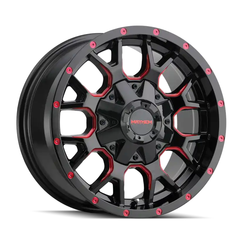 Mayhem Warrior 8015 Gloss Black Milled Prism Red 18x9 6x135/6x139.7 18mm 106mm Affordable