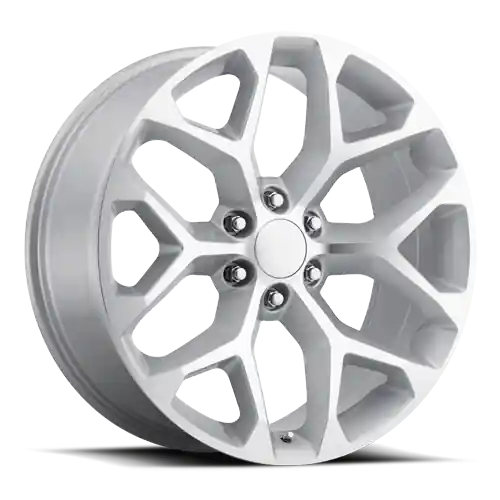 Affordable Factory Reproductions FR 59 Chevrolet Snowflake Replica SL 26x10 +24 6x139.7mm 78.1mm Gloss Silver Machined Face